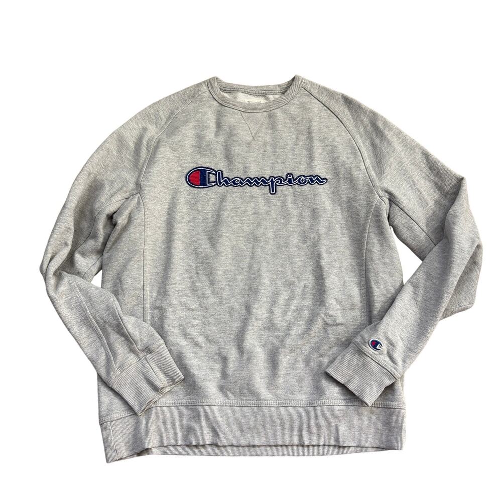 Champion Pullover Gray Crewneck Embroidered Logo Men's L